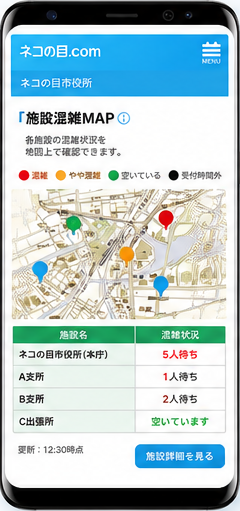 施設混雑MAPで本庁・支所の混雑状況を確認する画面イメージ