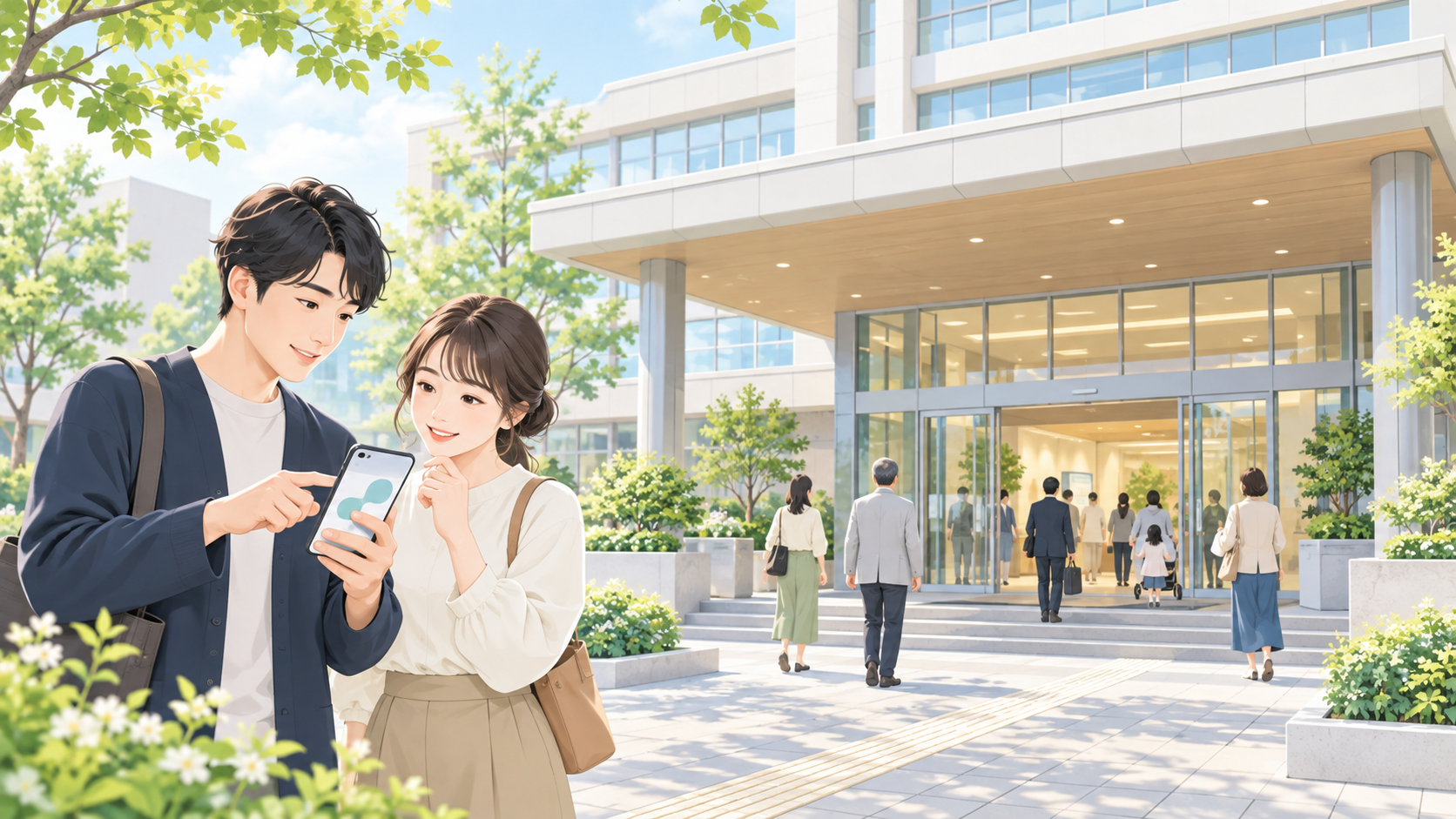 来庁前にスマートフォンで情報を確認する市役所利用者のイメージ