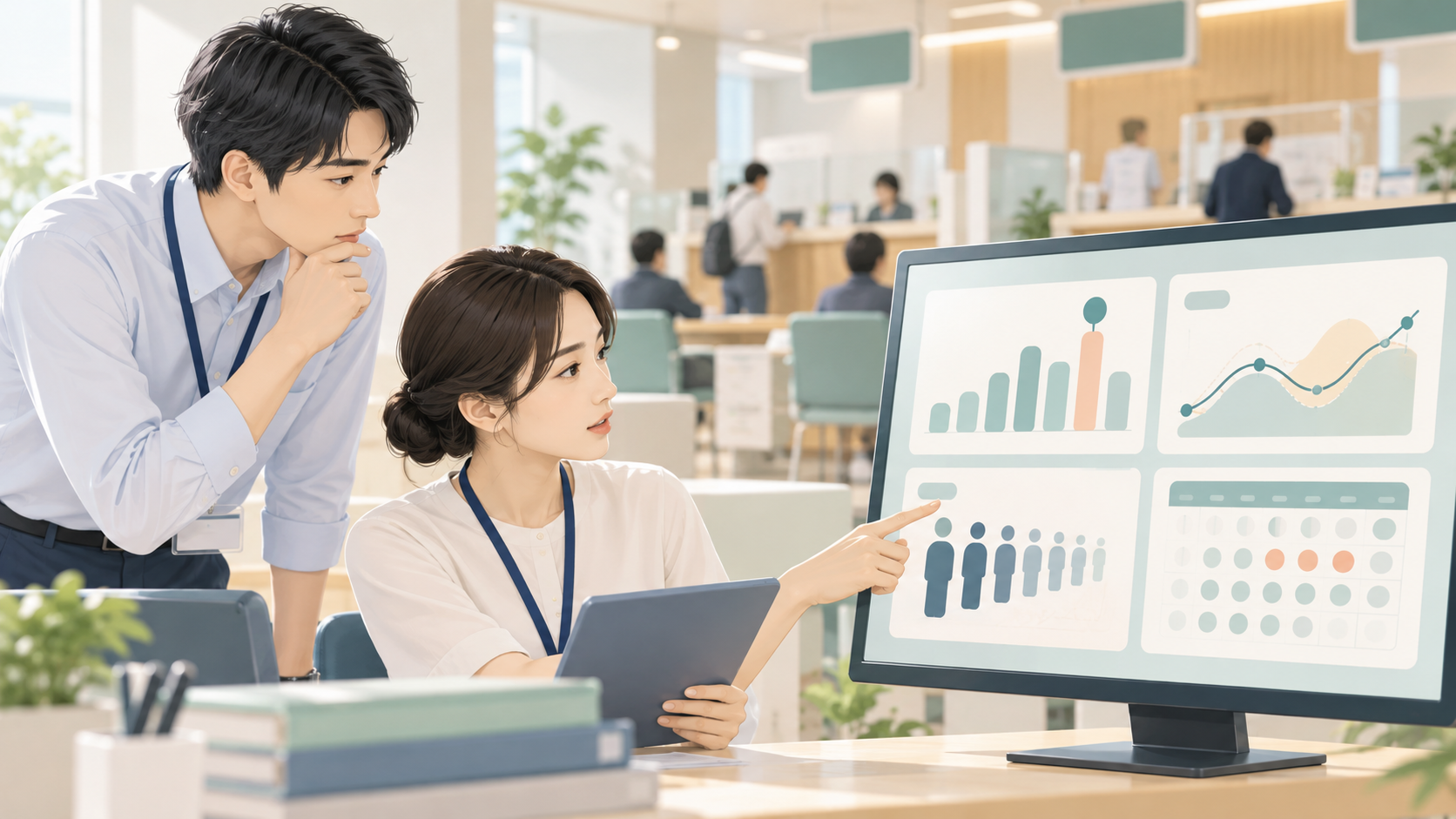 待ち状況と混雑傾向の案内を検討する職員のイメージ
