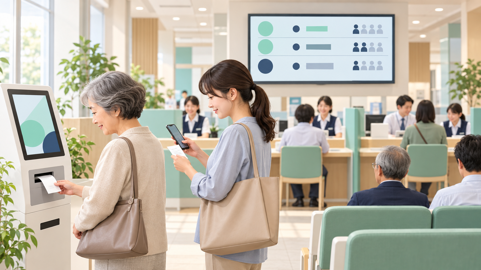 整理券の発行とスマートフォンでの確認を行う受付のイメージ