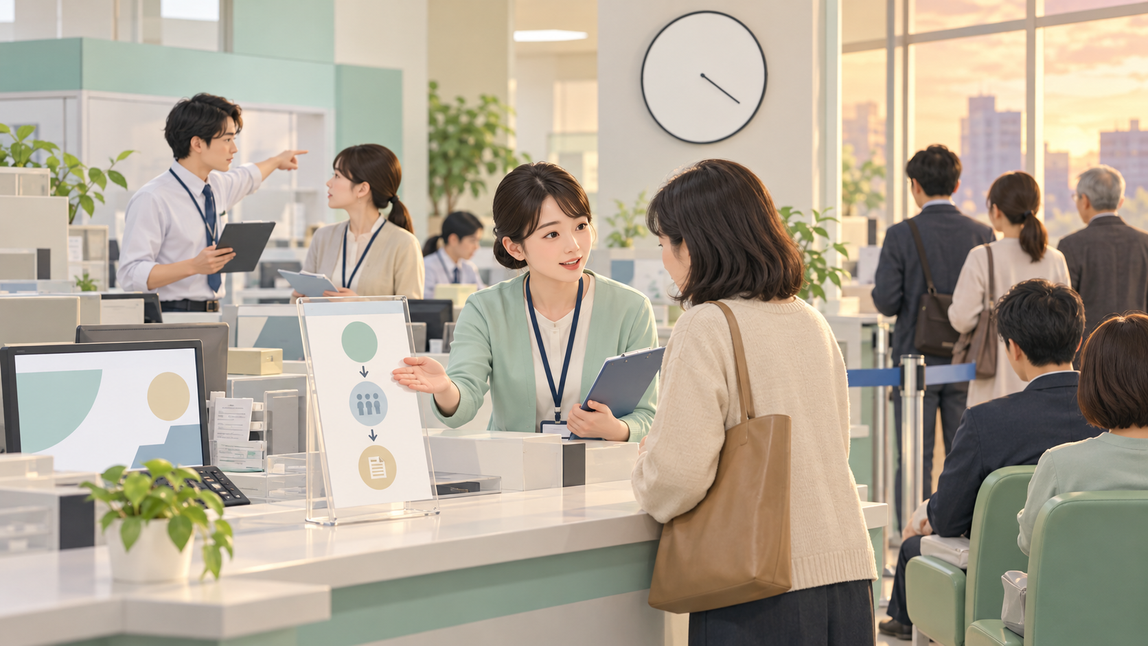 窓口の受付状況と案内を確認する市役所職員のイメージ