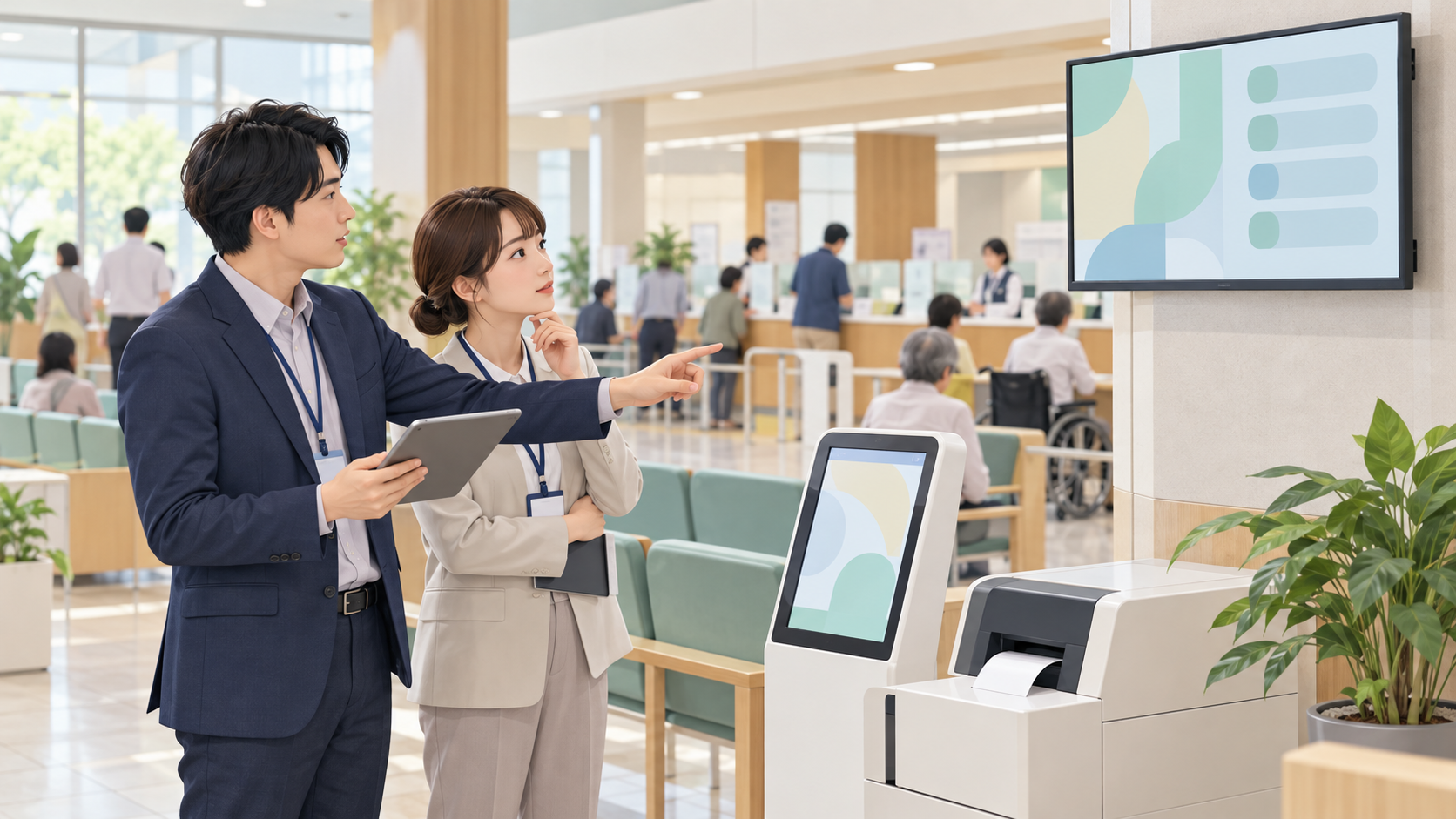 発券機とモニターの配置を確認する市役所職員のイメージ