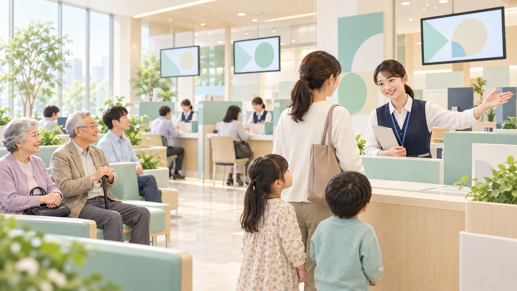 幅広い年代の住民を案内する市役所の受付のイメージ