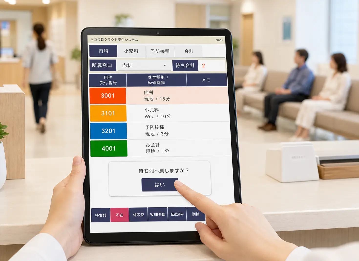 クリニックの呼出操作タブレットで不在の患者様を管理し待ち列へ戻す画面のイメージ