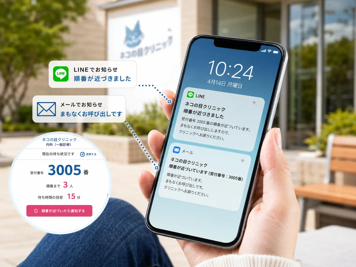 クリニックの順番が近づいたことをLINEやメールで患者様へ通知するイメージ