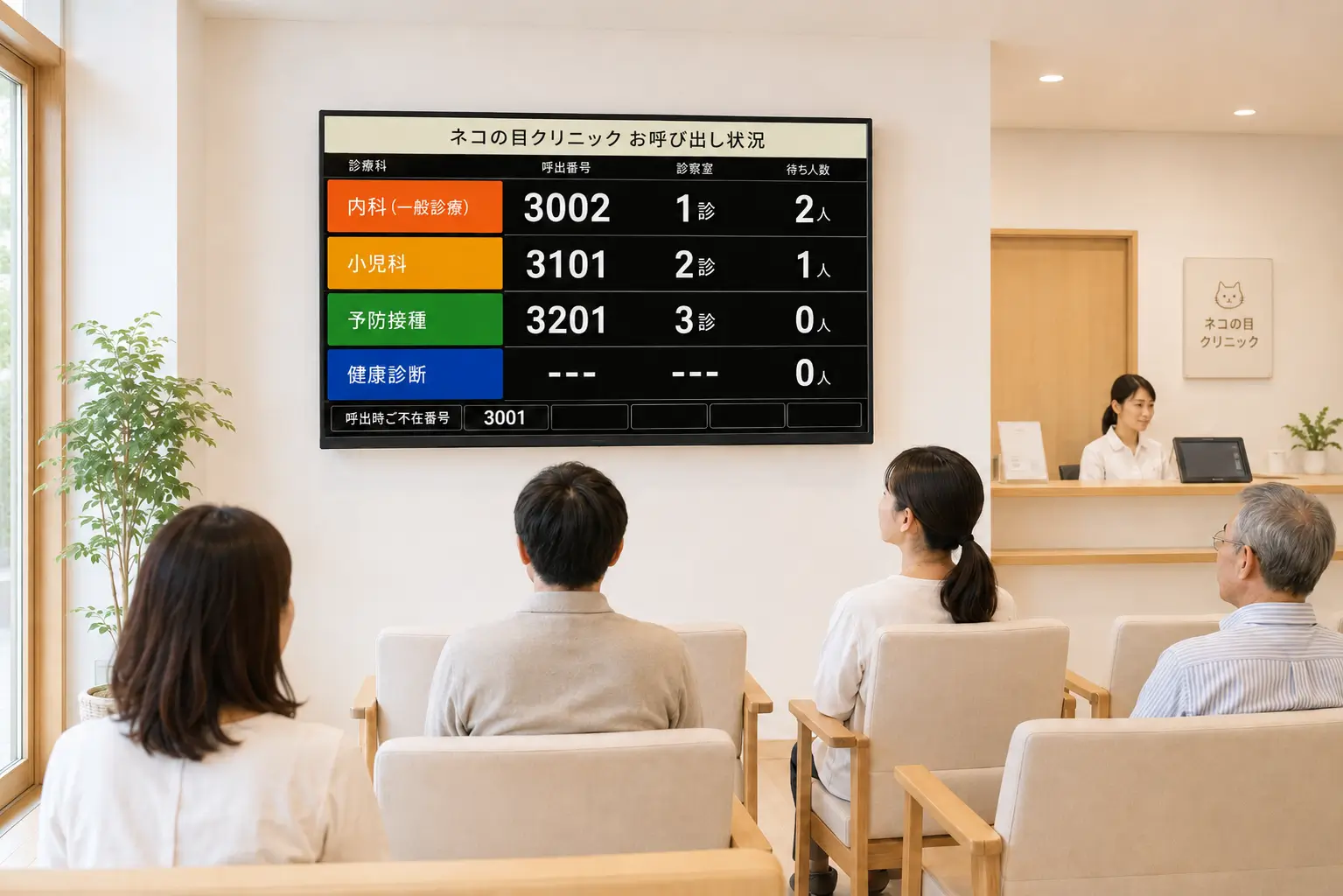 クリニックの待合室に設置した大型モニターへ呼び出し番号を表示する順番待ちシステム