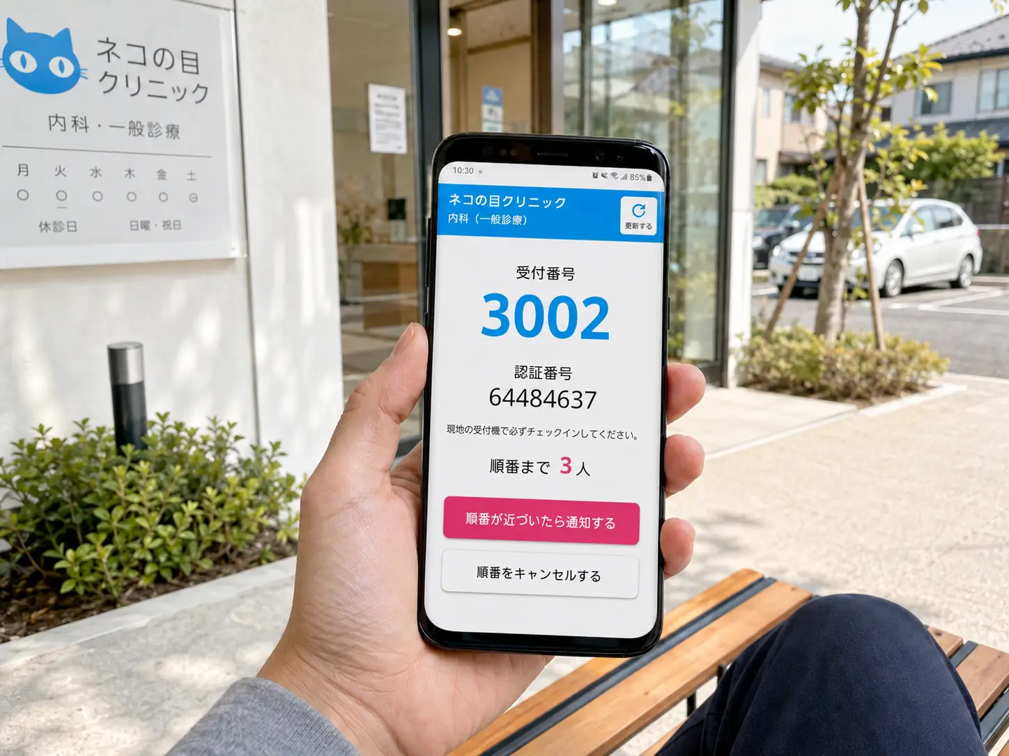 患者様がスマートフォンでクリニックの待ち人数と呼び出し状況を確認して院外待機するイメージ
