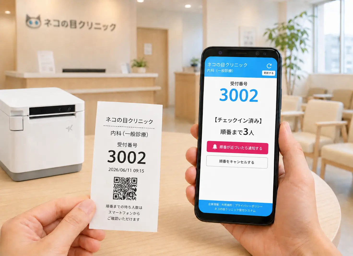 クリニックで利用する紙の整理券とスマートフォンのデジタル整理券
