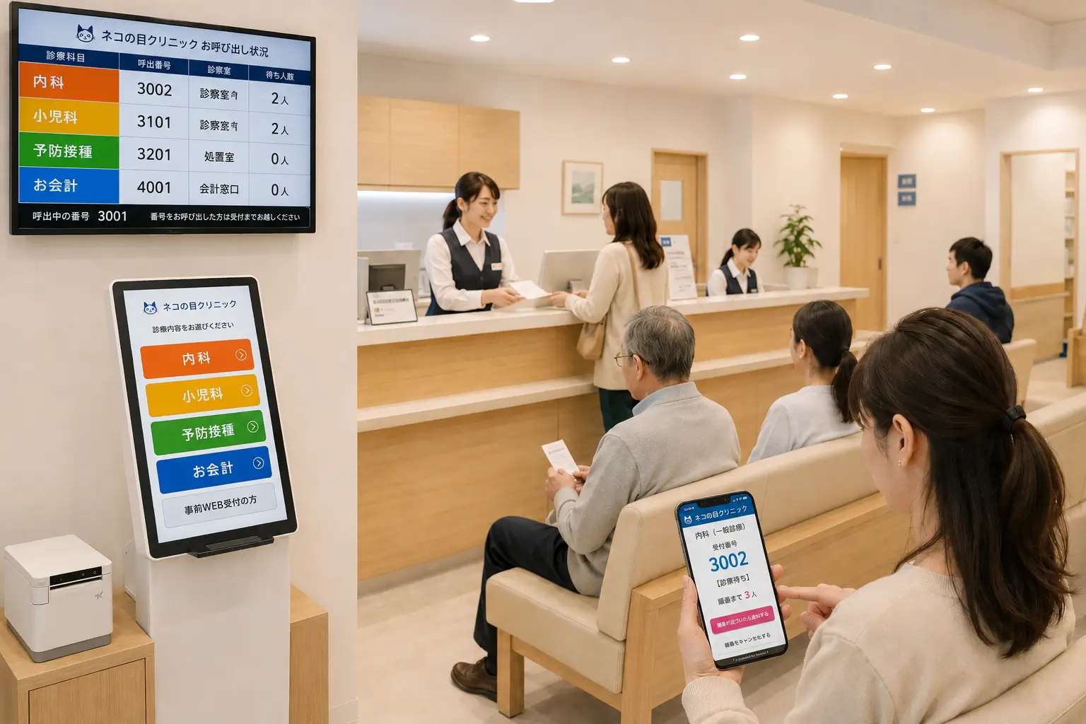 順番待ちシステムを導入したクリニックの受付と待合室のイメージ