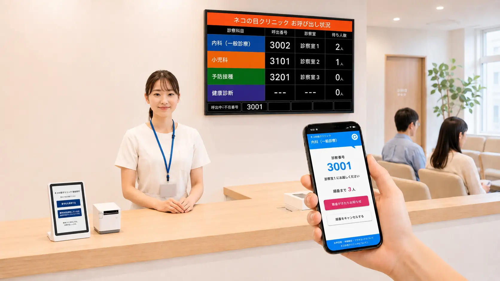 クリニックで受付タッチパネル、大型モニター、スマートフォンを利用する順番待ちシステムのイメージ