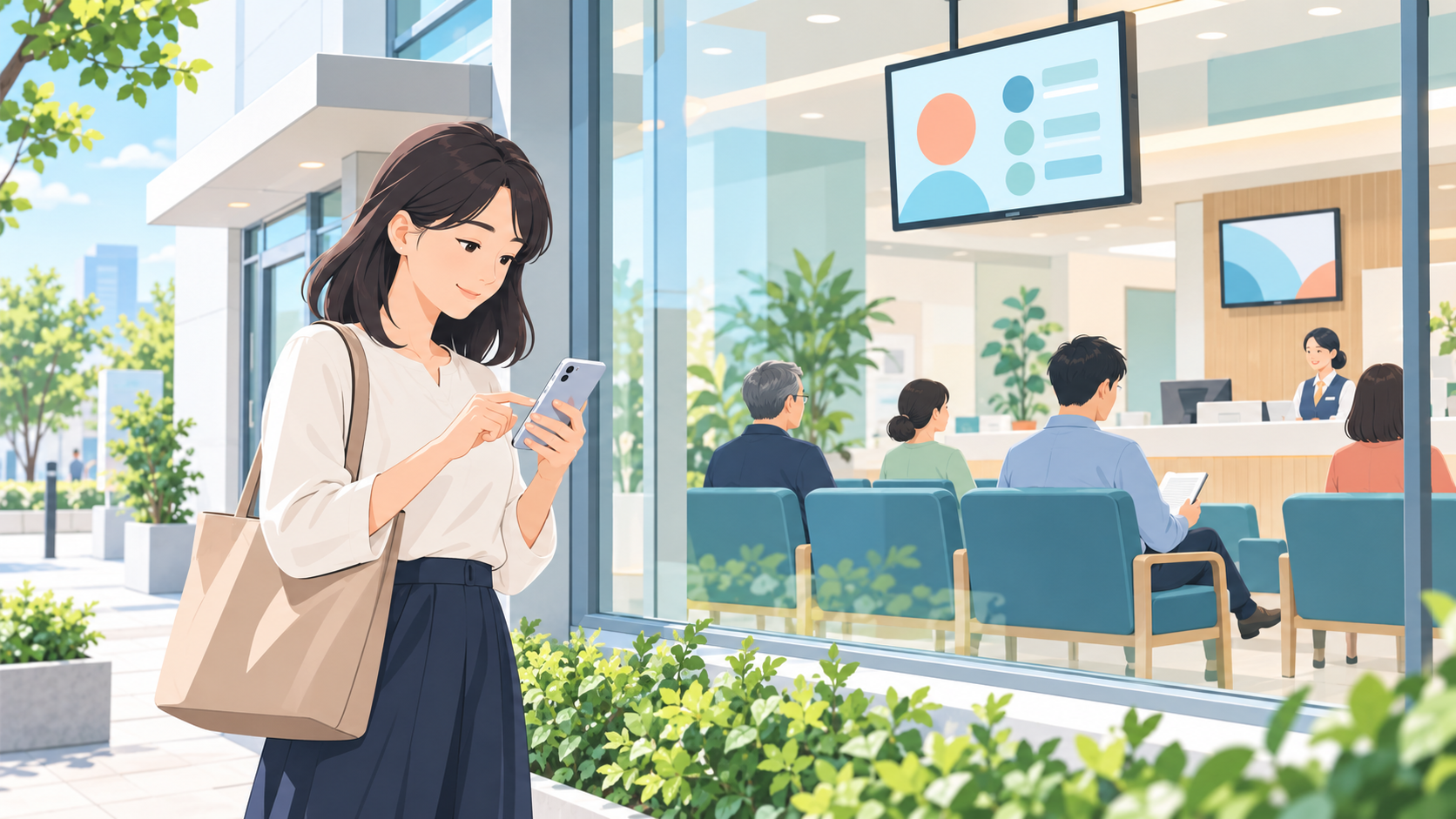 施設外で待ち状況を確認する利用者のイメージ