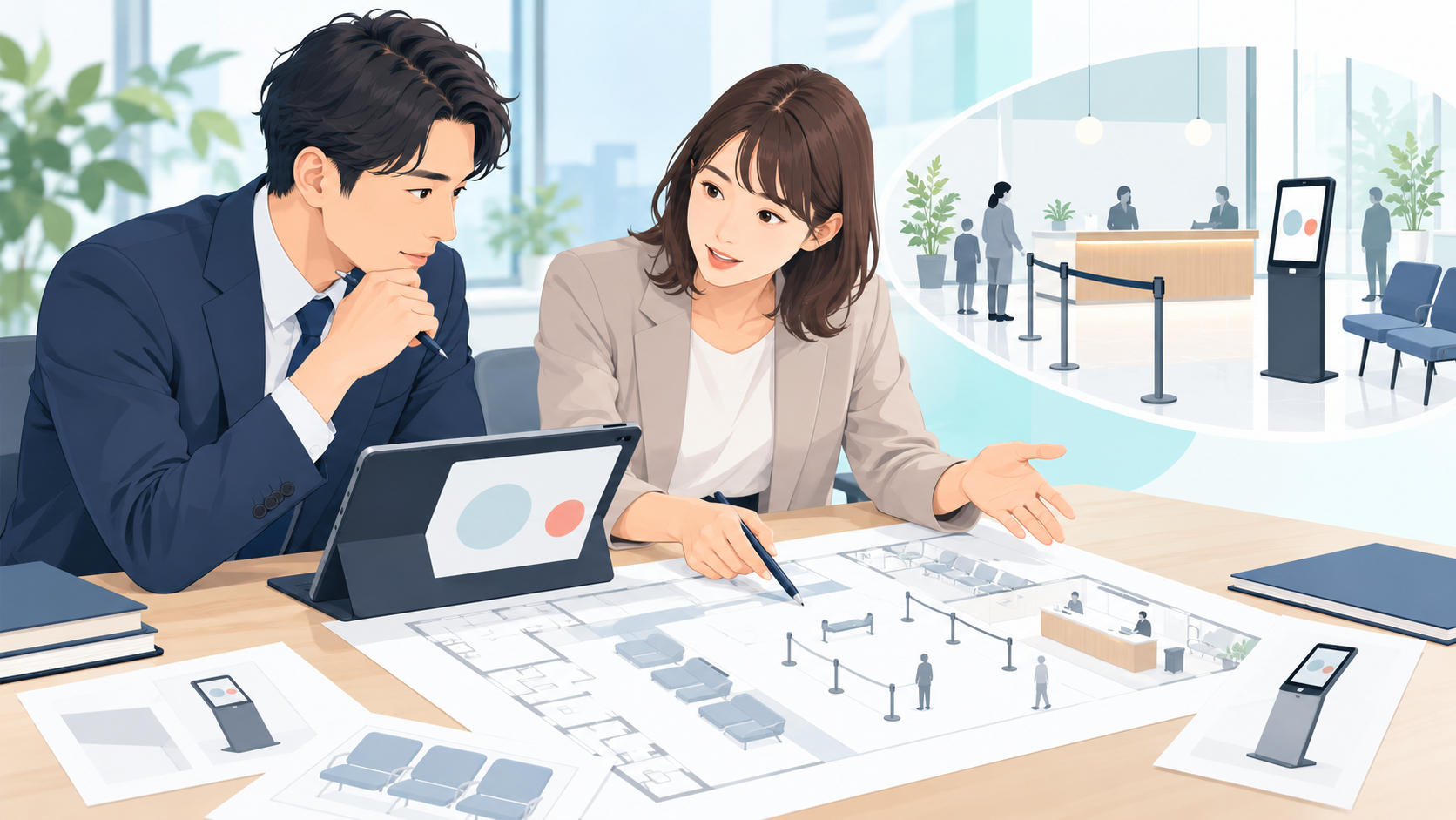 受付機器の配置と操作を検討する職員のイメージ