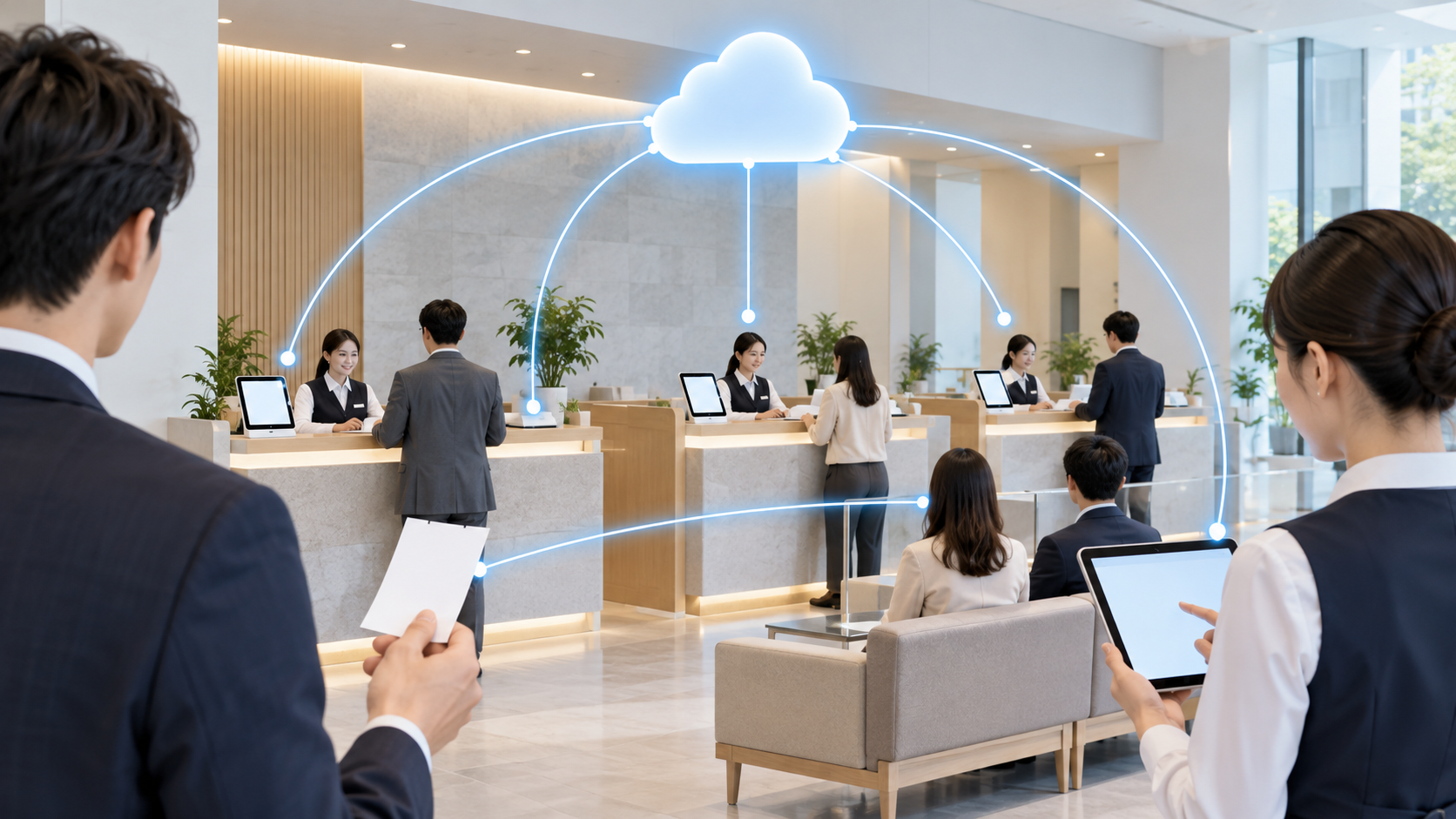 受付端末と複数窓口が連携するクラウド受付のイメージ