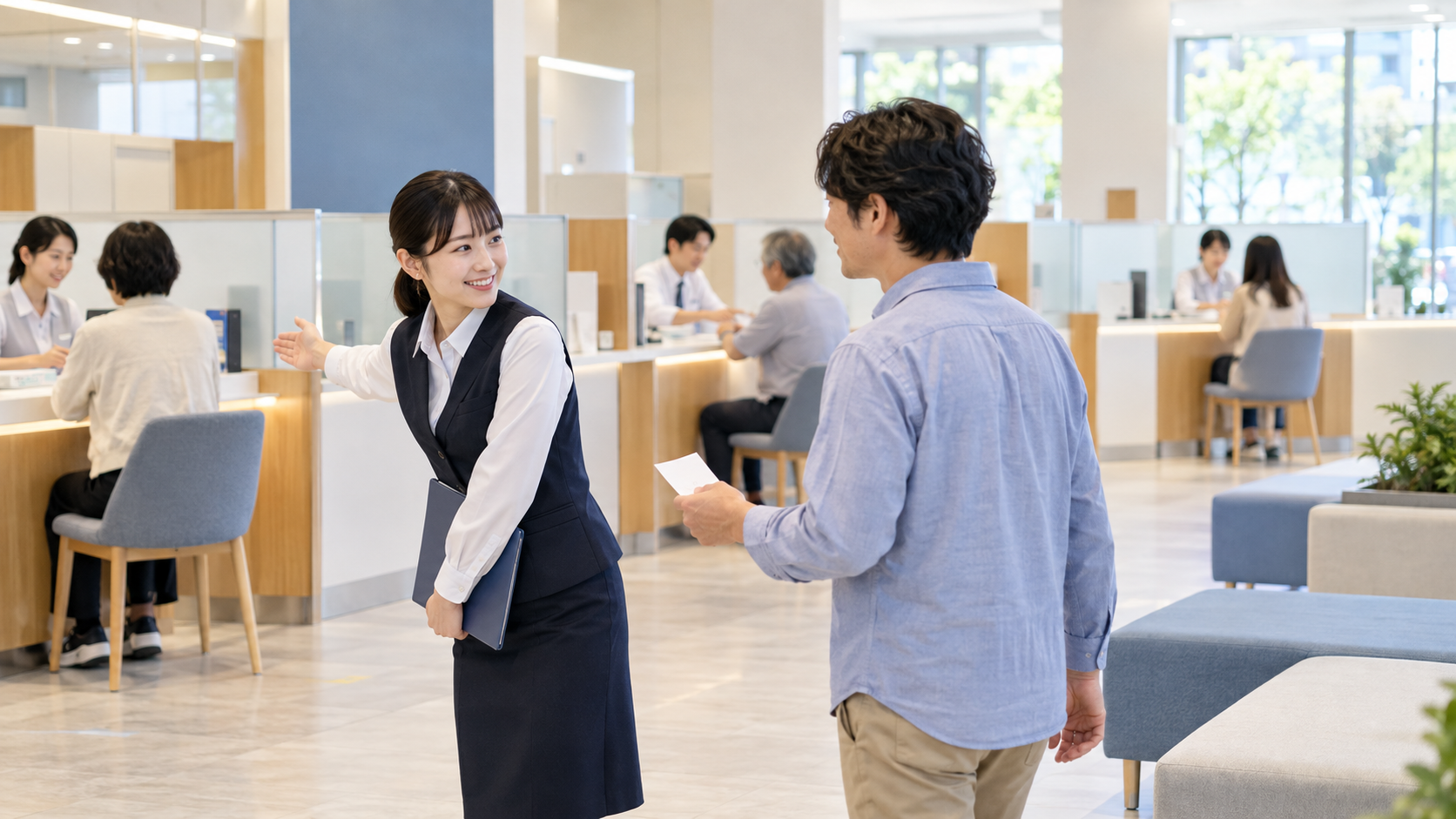 受付窓口から別の担当窓口へ利用者を案内する様子