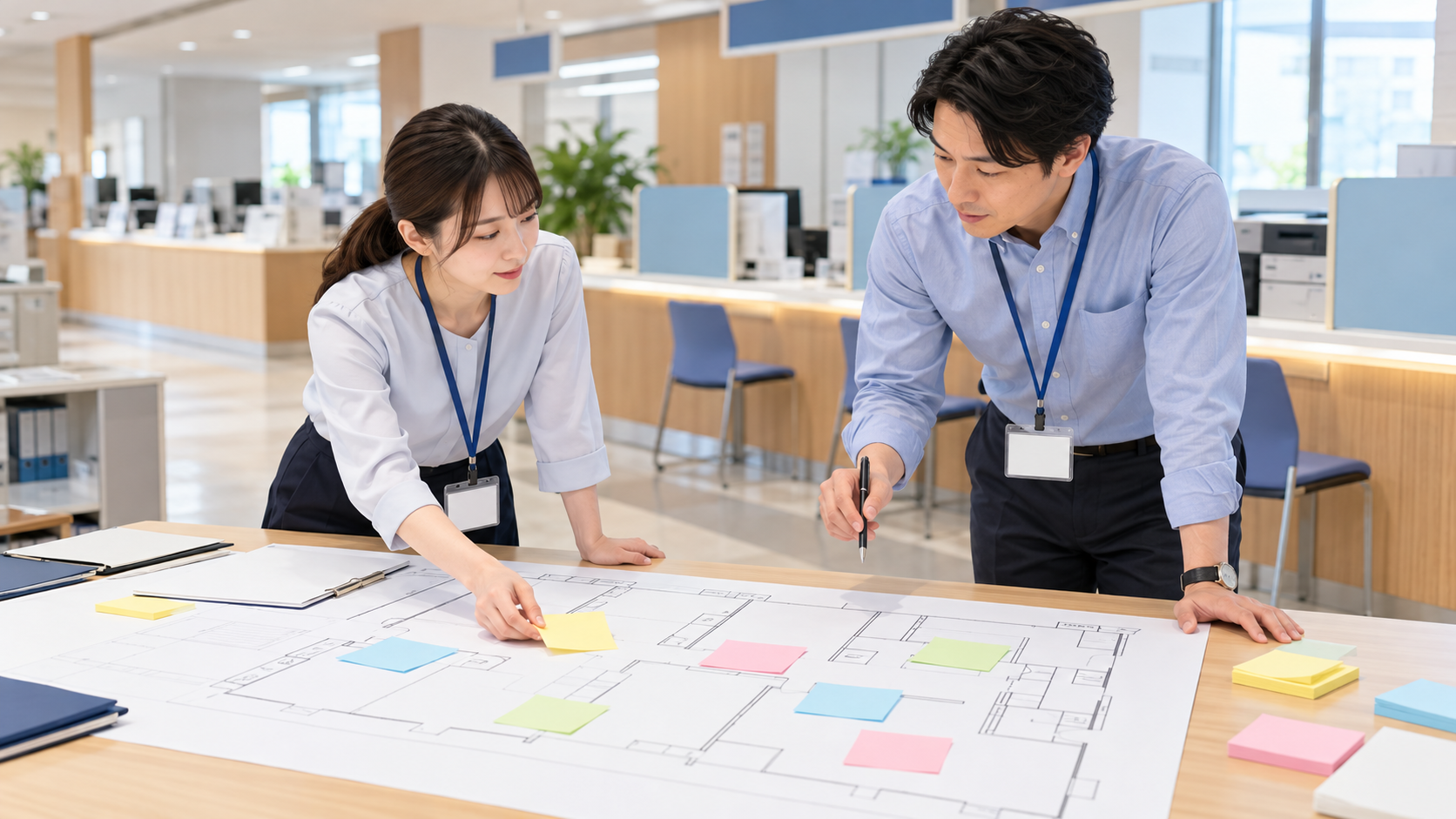 施設内の窓口と担当部署の役割を確認する職員