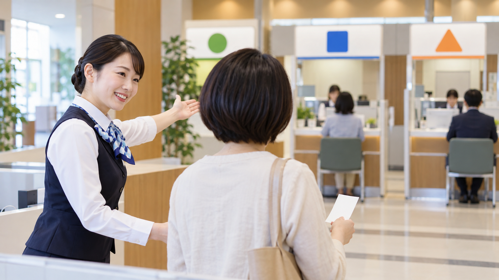 職員が来訪者に次の窓口と移動先を案内する様子