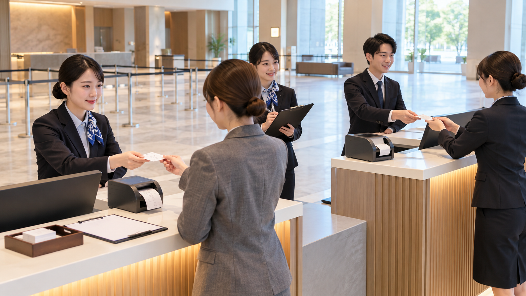 職員が窓口間の番号転送を試運転する様子