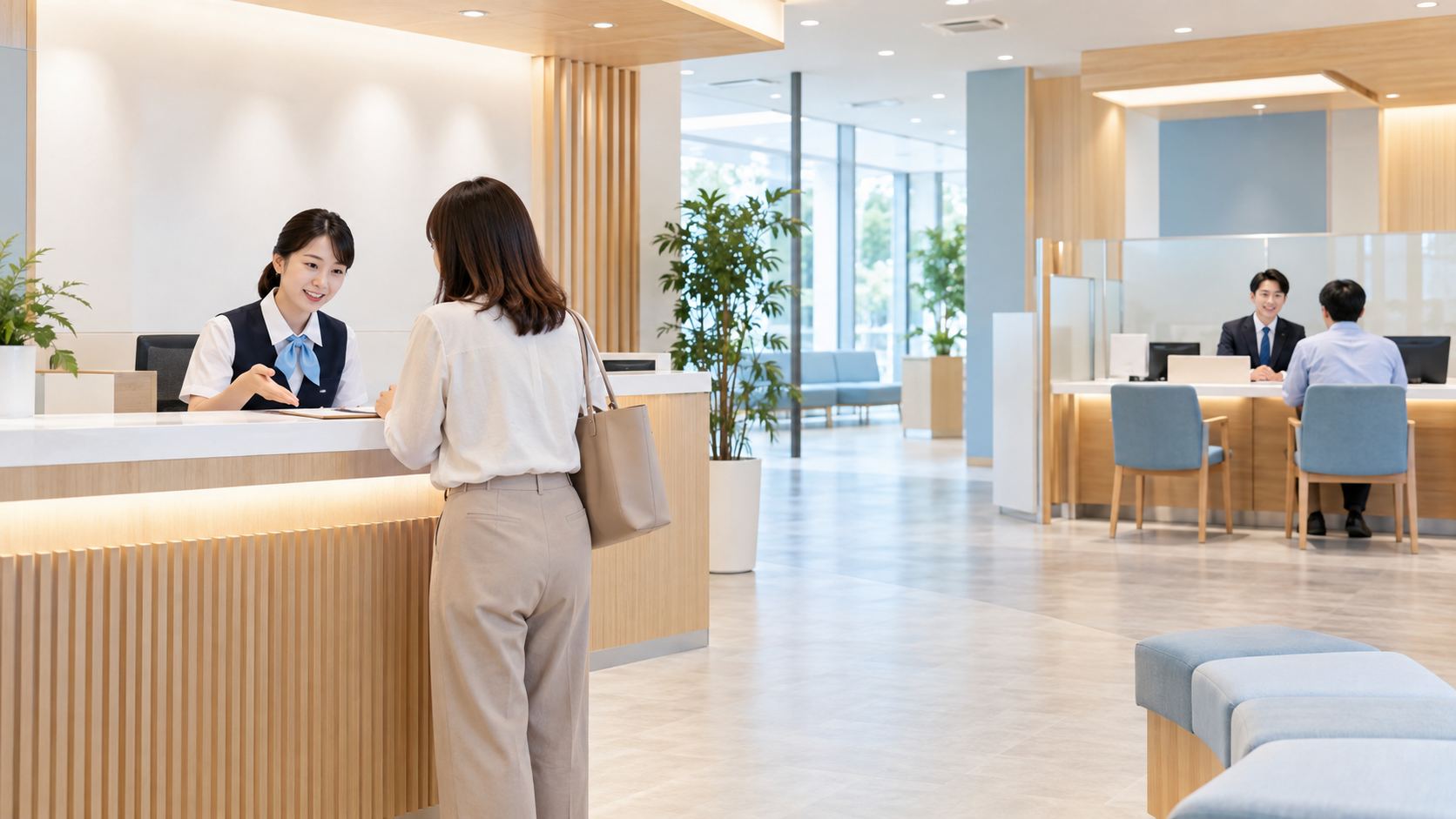 受付窓口から別の担当窓口へ利用者を案内する様子