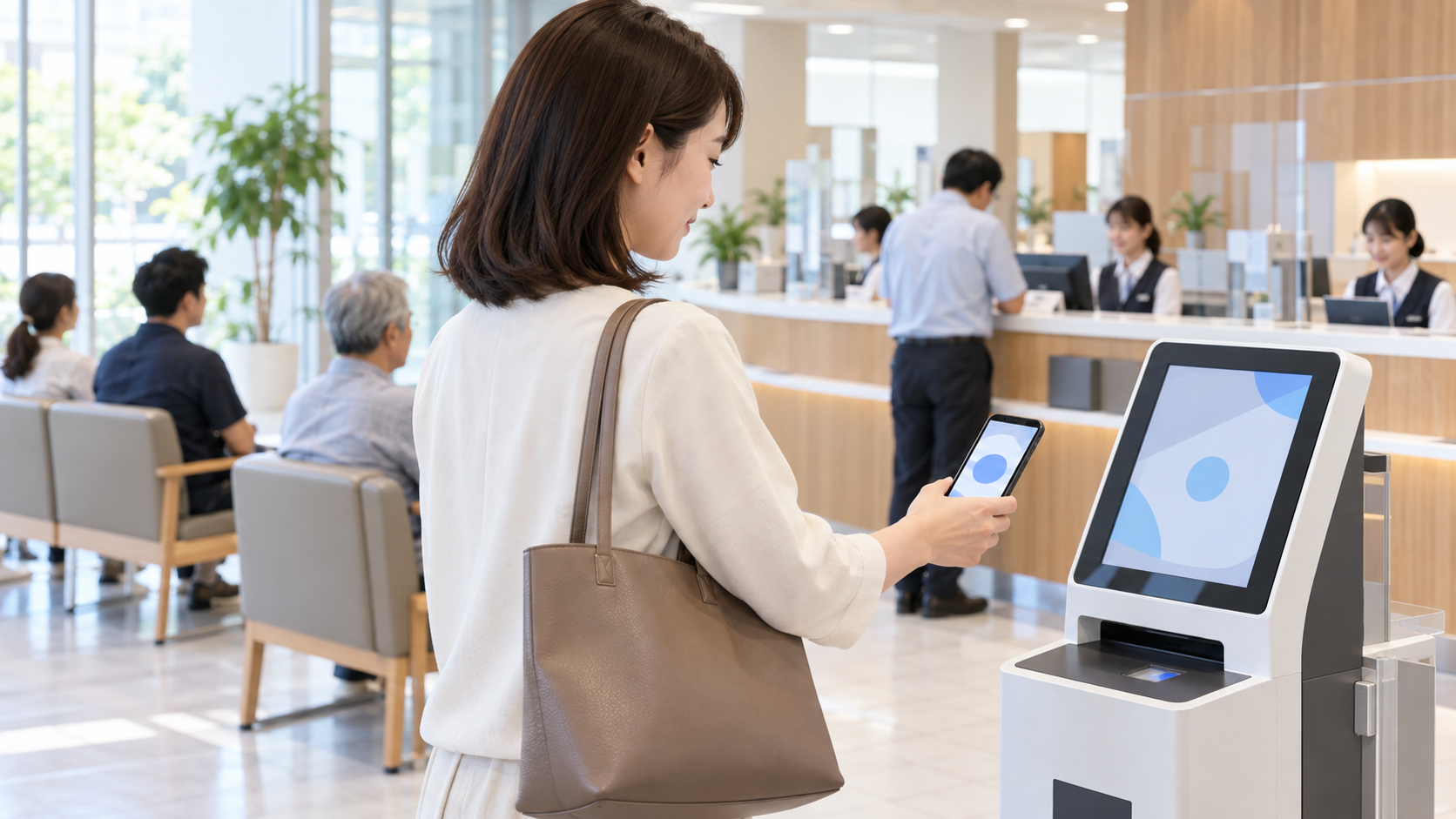 スマートフォンを使って受付端末でチェックインする来訪者