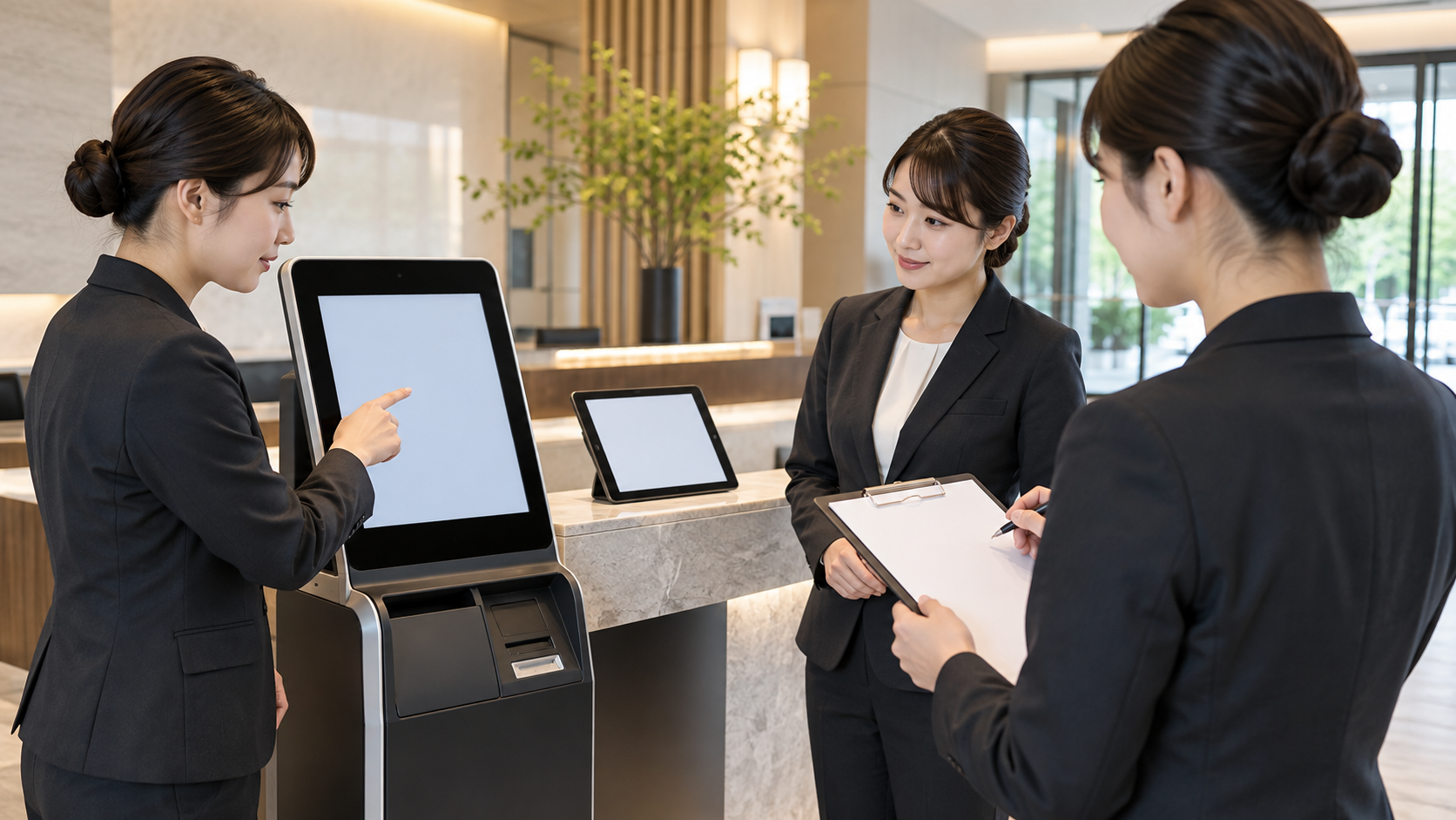受付開始前に職員がチェックイン端末の運用を確認する様子