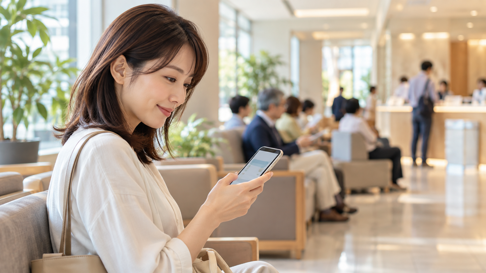 待合スペースでスマートフォンから待ち状況を確認する利用者